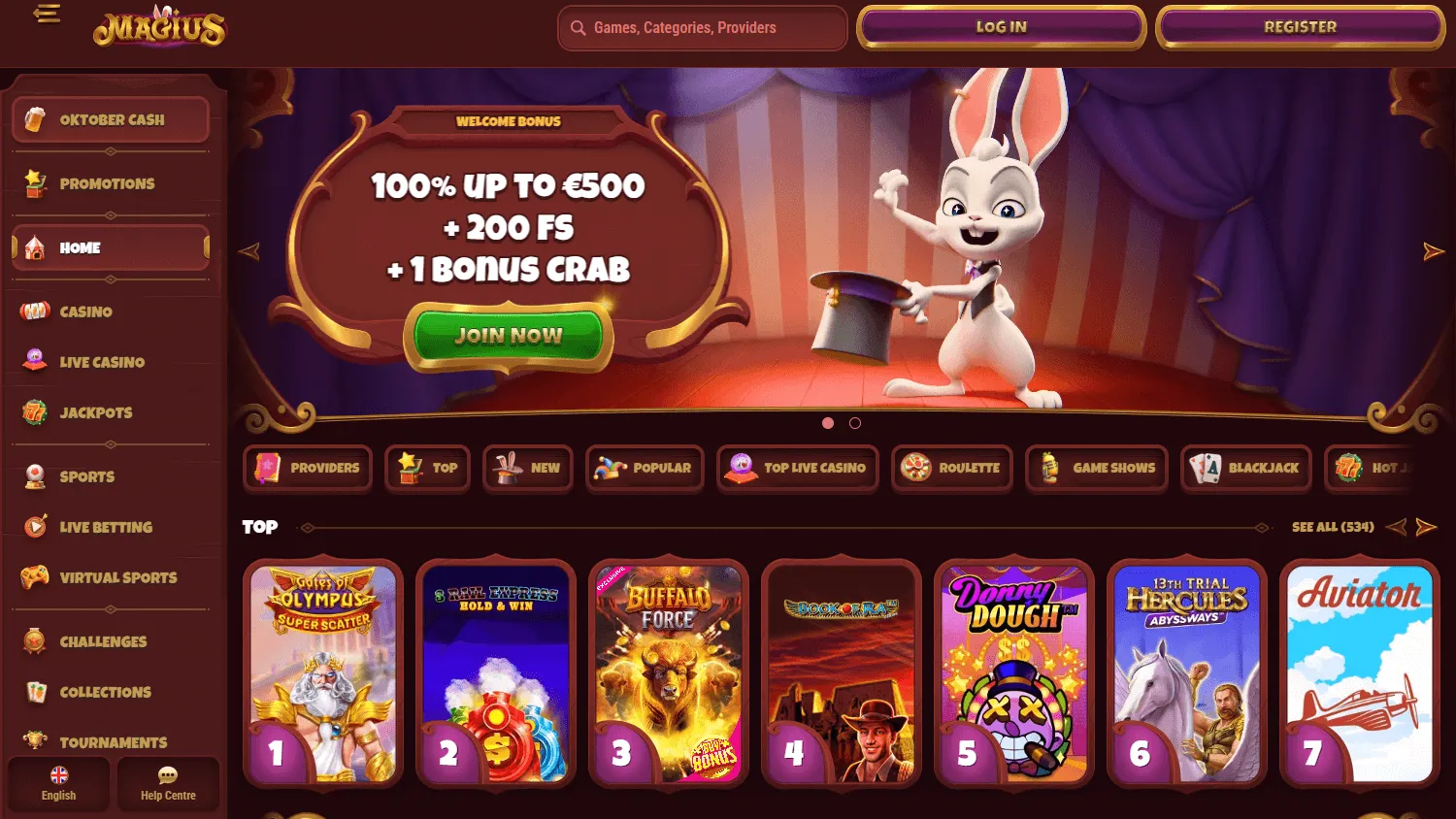 Magius Casino home page on desktop