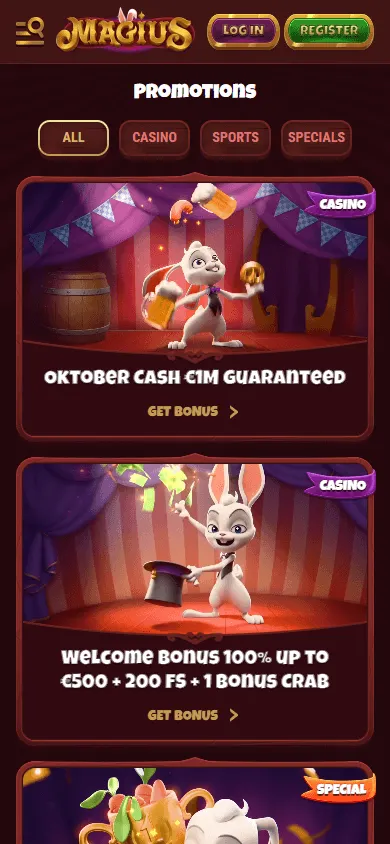 Magius Casino promotions area on mobile