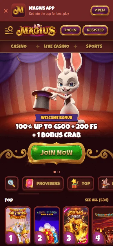 Magius Casino home page on mobile