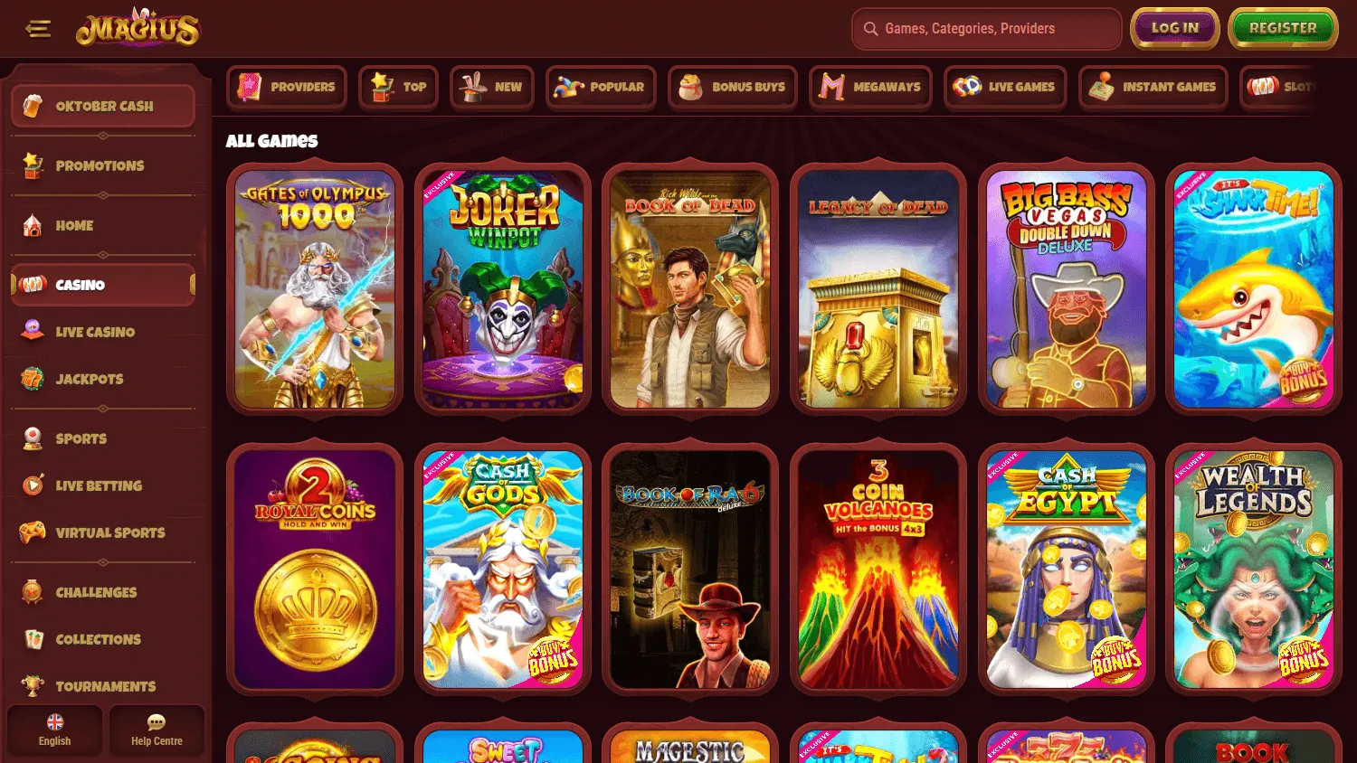 Magius Casino games area on desktop