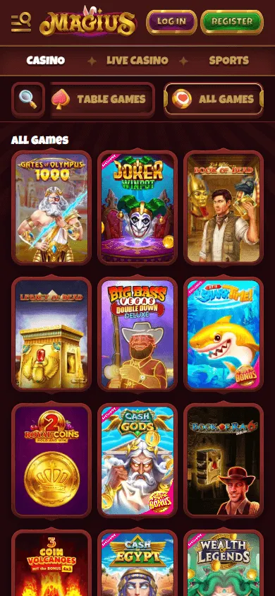 Magius Casino games area on mobile